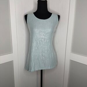 Studio Y Tank Top Womens XXL Blue Sequin Front Stretch Sleeveless Knit